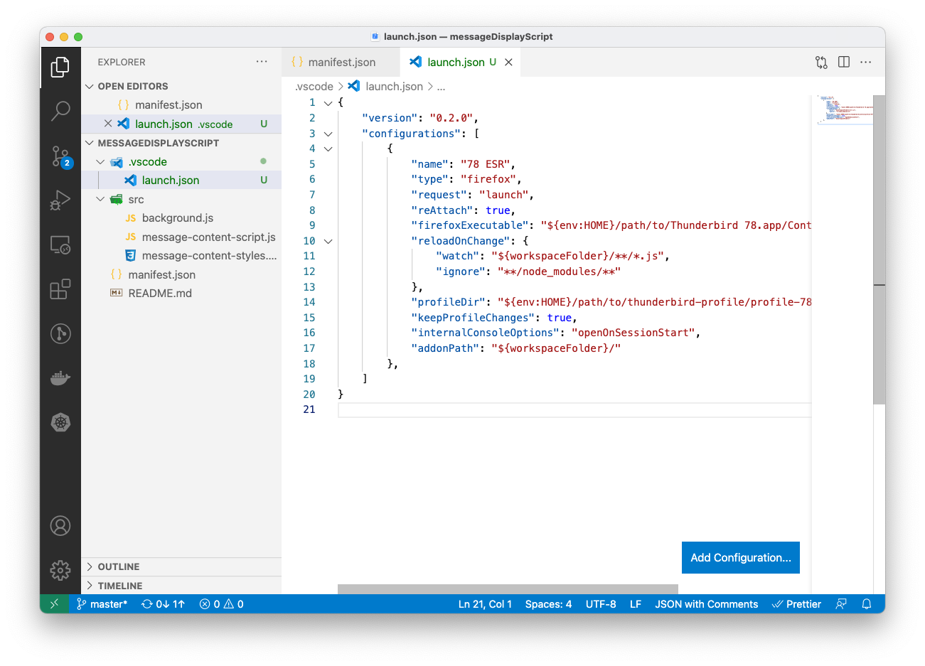 Visual Studio Code with an example extension opened
